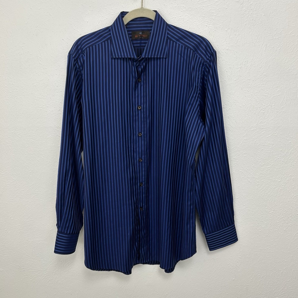ETRO Long Sleeve Striped Button Shirt Cotton Blue Black Made In Italy Size 42